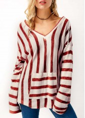 Pocket Long Sleeve Striped Hooded Collar T Shirt