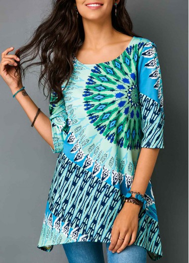 Printed Asymmetric Hem Half Sleeve Blouse
