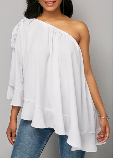 Rosewe Ruffle Hem White One Shoulder Blouse - L