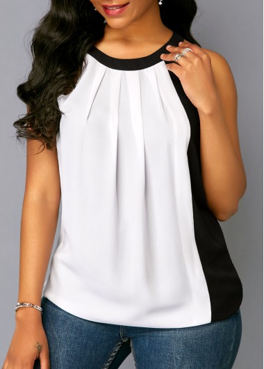 Sleeveless Pleated Neck Color Block Blouse