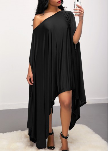 Batwing Sleeve Asymmetric Hem Skew Neck Black Dress