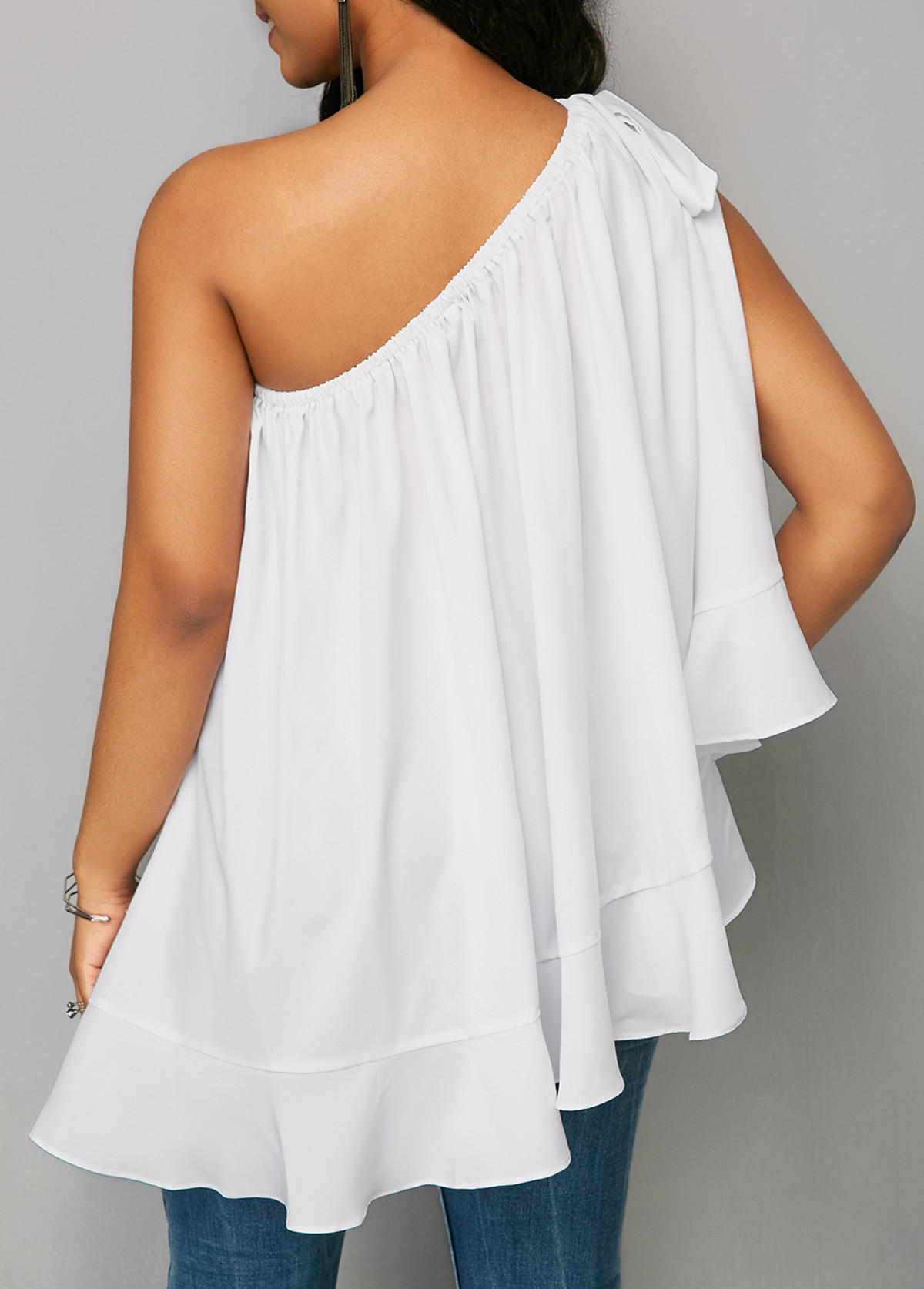Ruffle Hem White One Shoulder Blouse USD 29.27