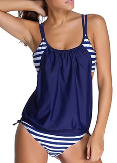 Stripe Print Navy Blue Top and Panty Swimwear