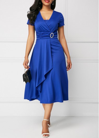 Asymmetric Hem V Neck Royal Blue Dress