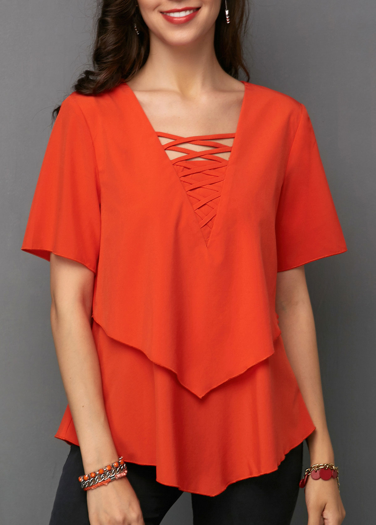 Overlay Criss Cross Front Orange Blouse Overlay Criss Cross Front Orange Blouse