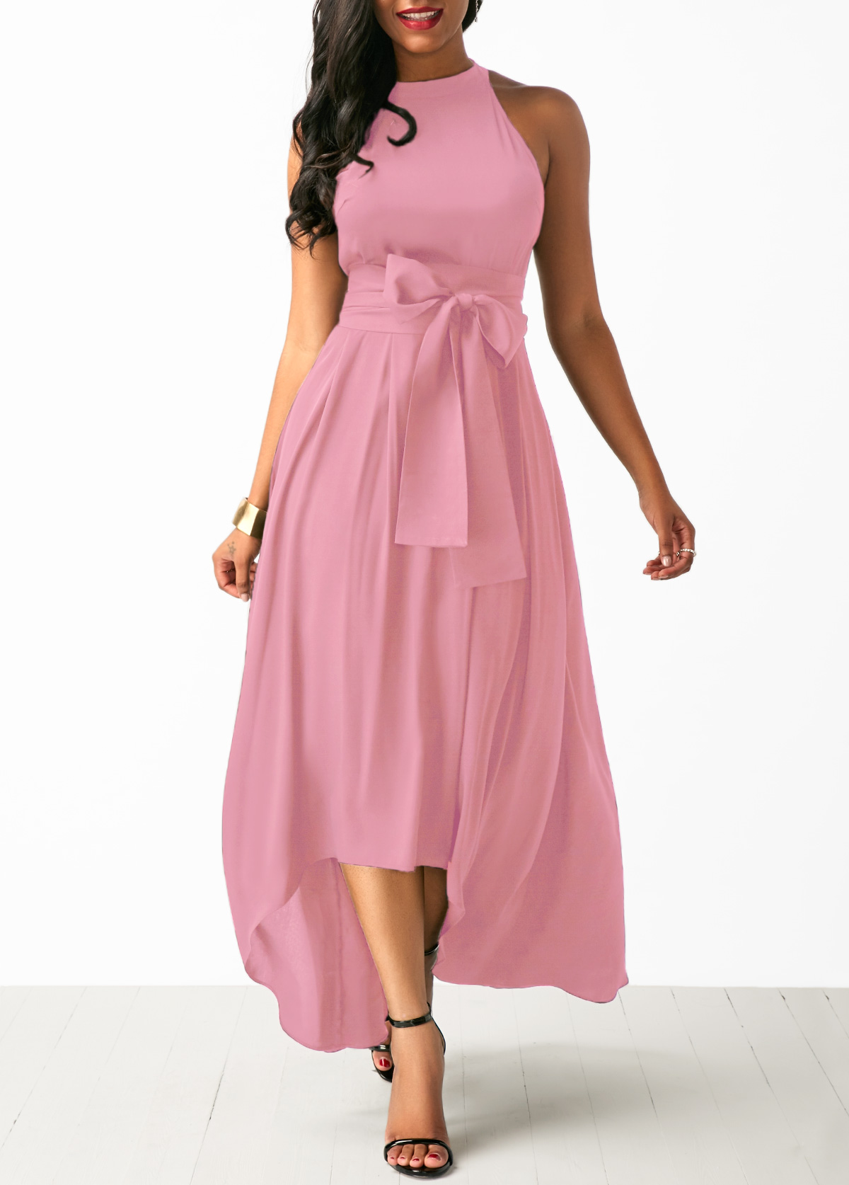 Belted Pink High Low Dress and Cardigan