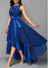 High Waist Belted Lace Panel Maxi Dress