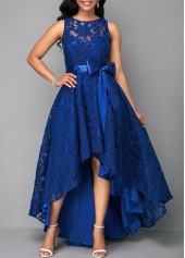 High Waist Belted Lace Panel Maxi Dress