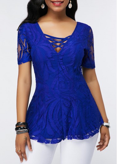 Flag Print Lace Up Front Curved Blouse