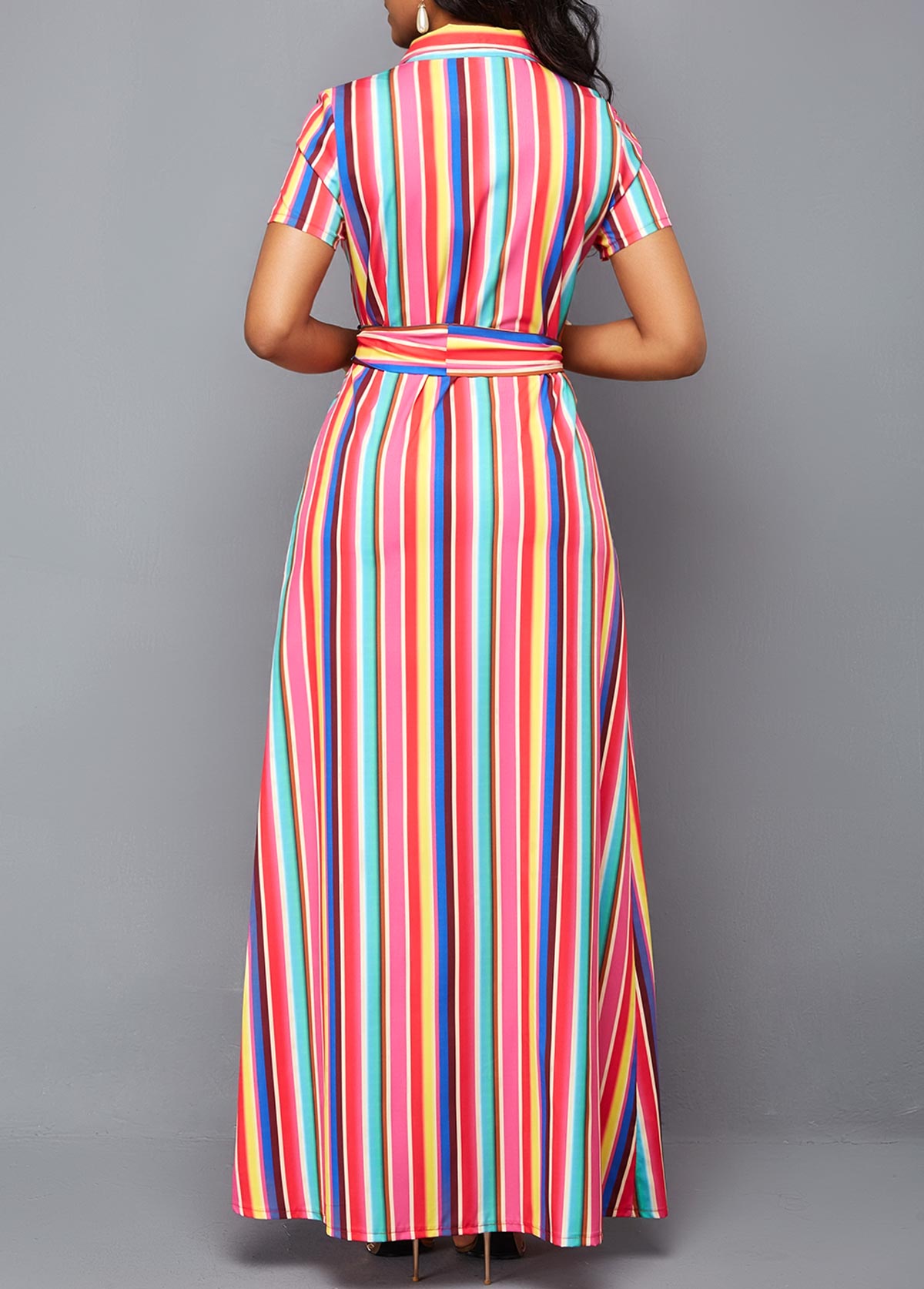 Button Up Turndown Collar Belted Printed Dress