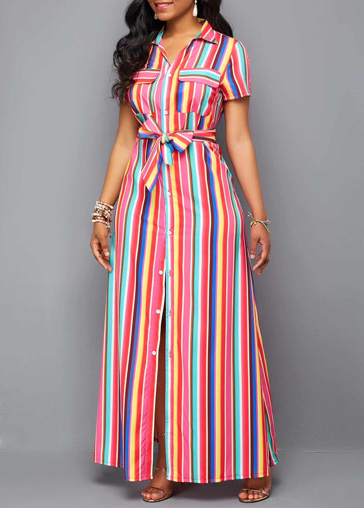 Button Up Turndown Collar Belted Maxi Dress