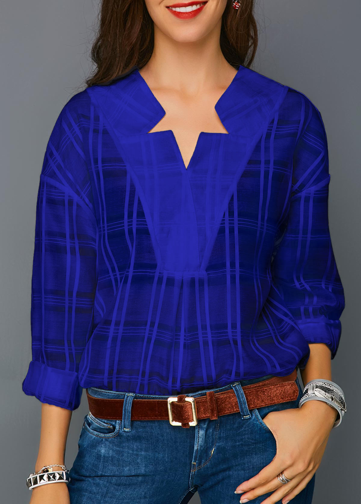Curved Hem Long Sleeve Royal Blue Blouse Curved Hem Long Sleeve Royal Blue Blouse