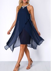 Asymmetric Hem Embellished Neck Navy Blue Chiffon Dress