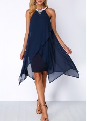 Asymmetric Hem Embellished Neck Navy Blue Chiffon Dress