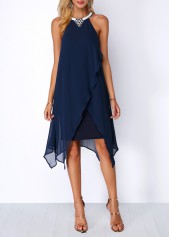 Asymmetric Hem Embellished Neck Navy Blue Chiffon Dress