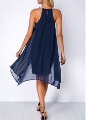 Asymmetric Hem Embellished Neck Navy Blue Chiffon Dress