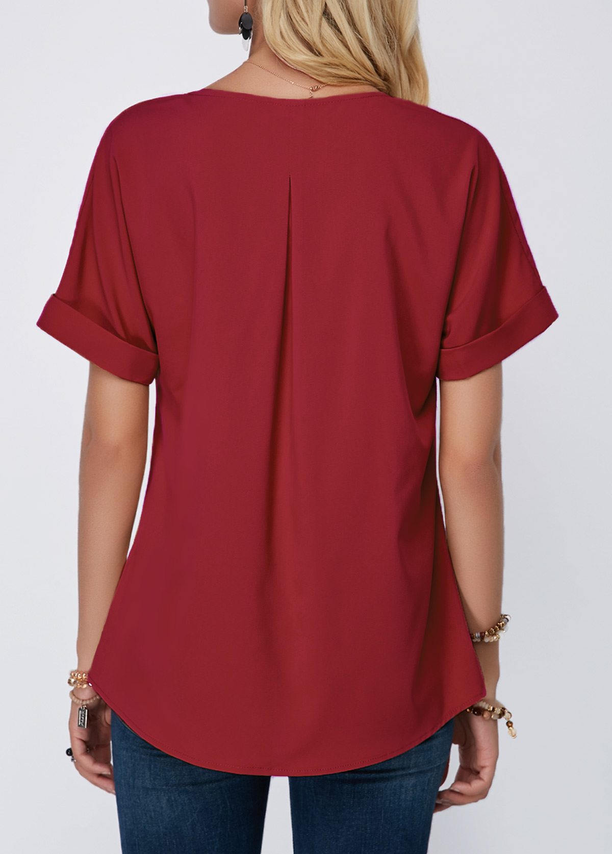 Wine Red Split Neck Short Sleeve Blouse Wine Red Split Neck Short Sleeve Blouse
