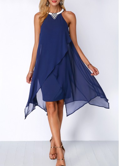 Blue Chiffon Overlay Embellished Neck Dress