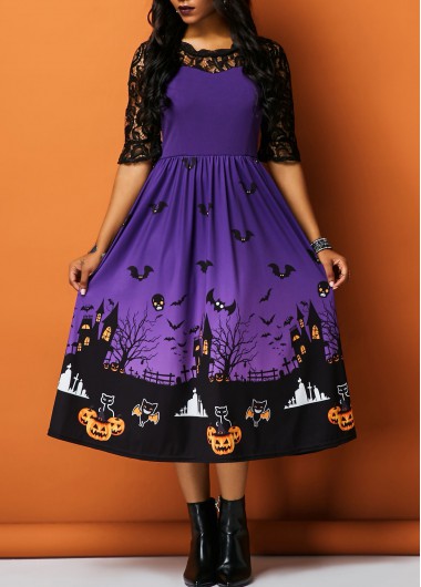Halloween Printed Half Sleeve Lace Panel Dress