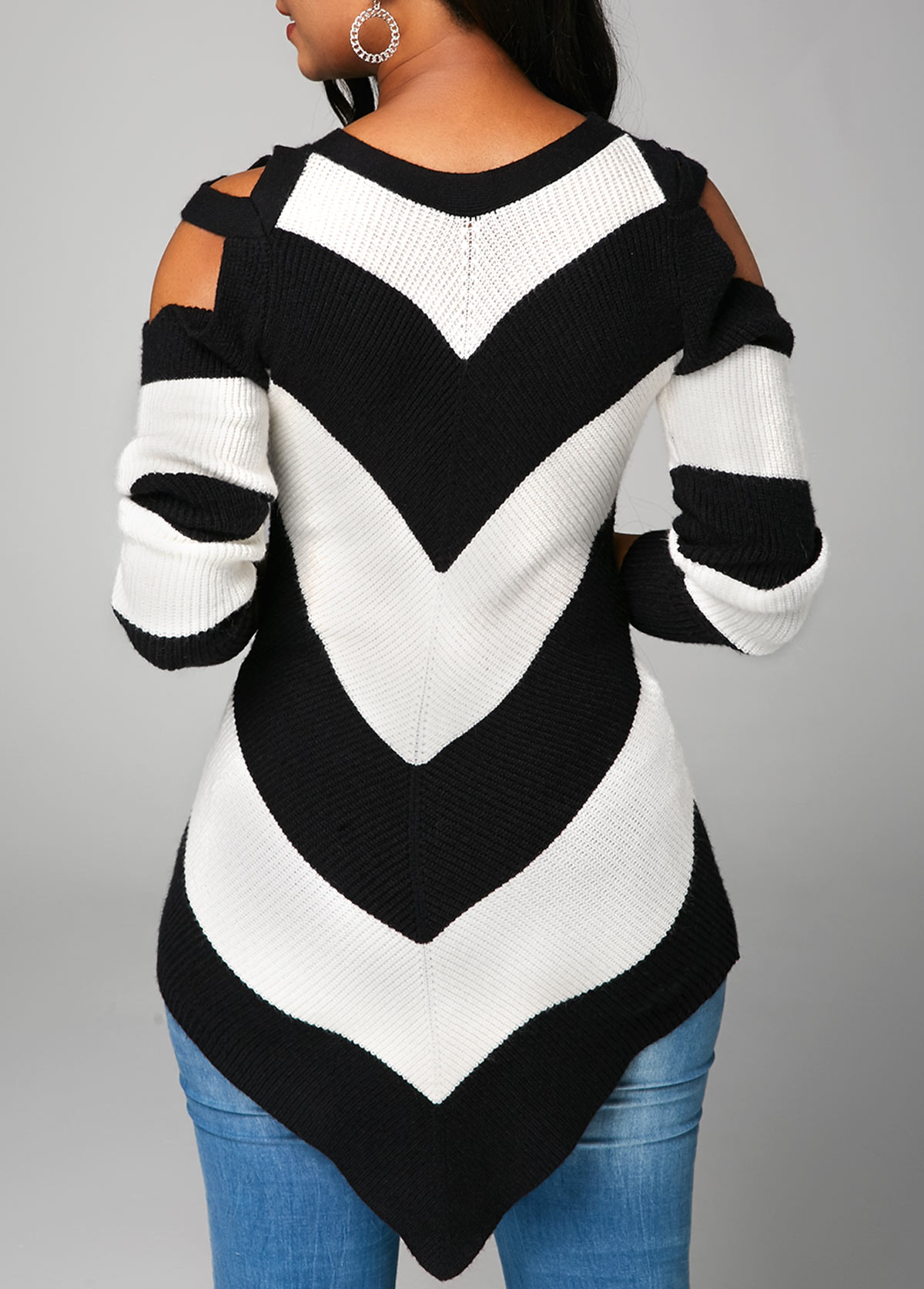 Chevron Pattern Asymmetric Hem Cold Shoulder Sweater