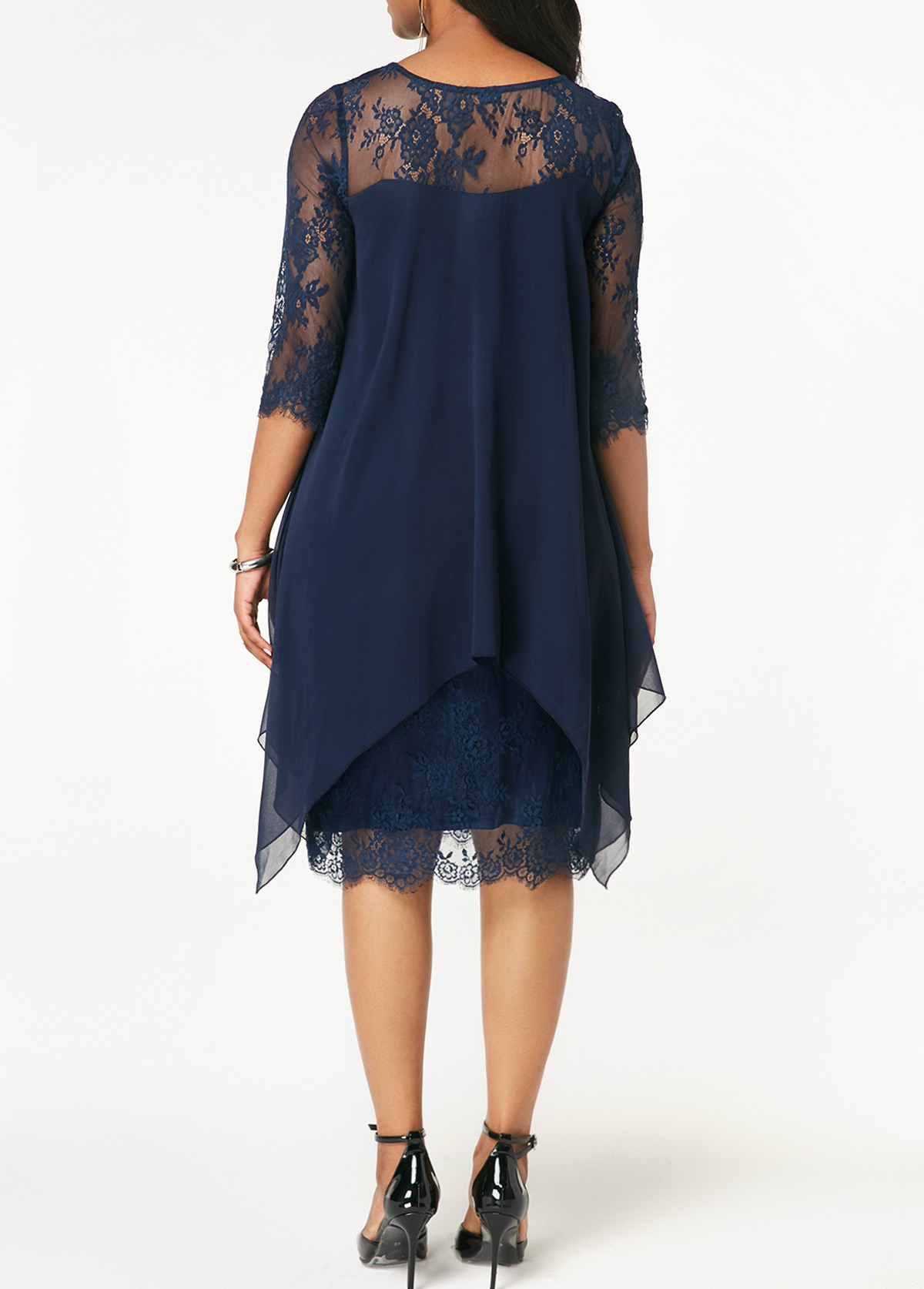 Chiffon Overlay Navy Blue Three Quarter Sleeve Lace Dress