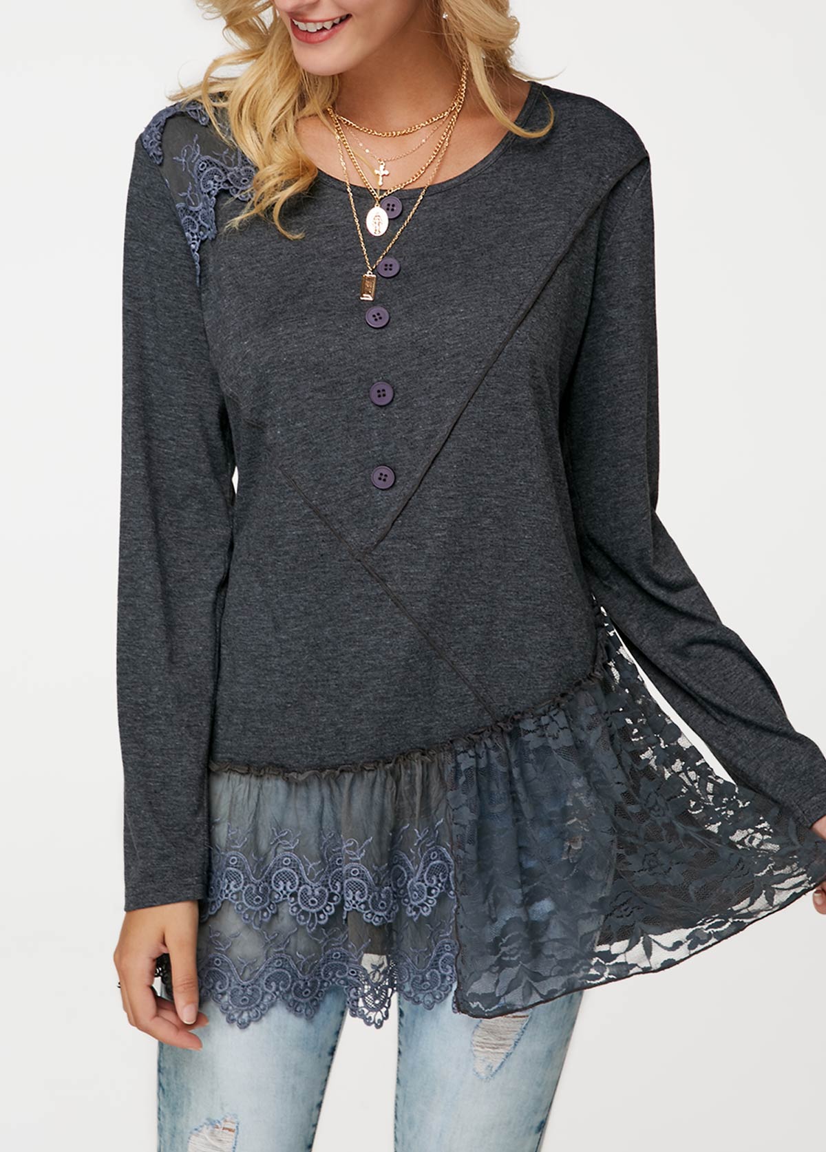 Button Detail Lace Panel Lantern Sleeve Blouse