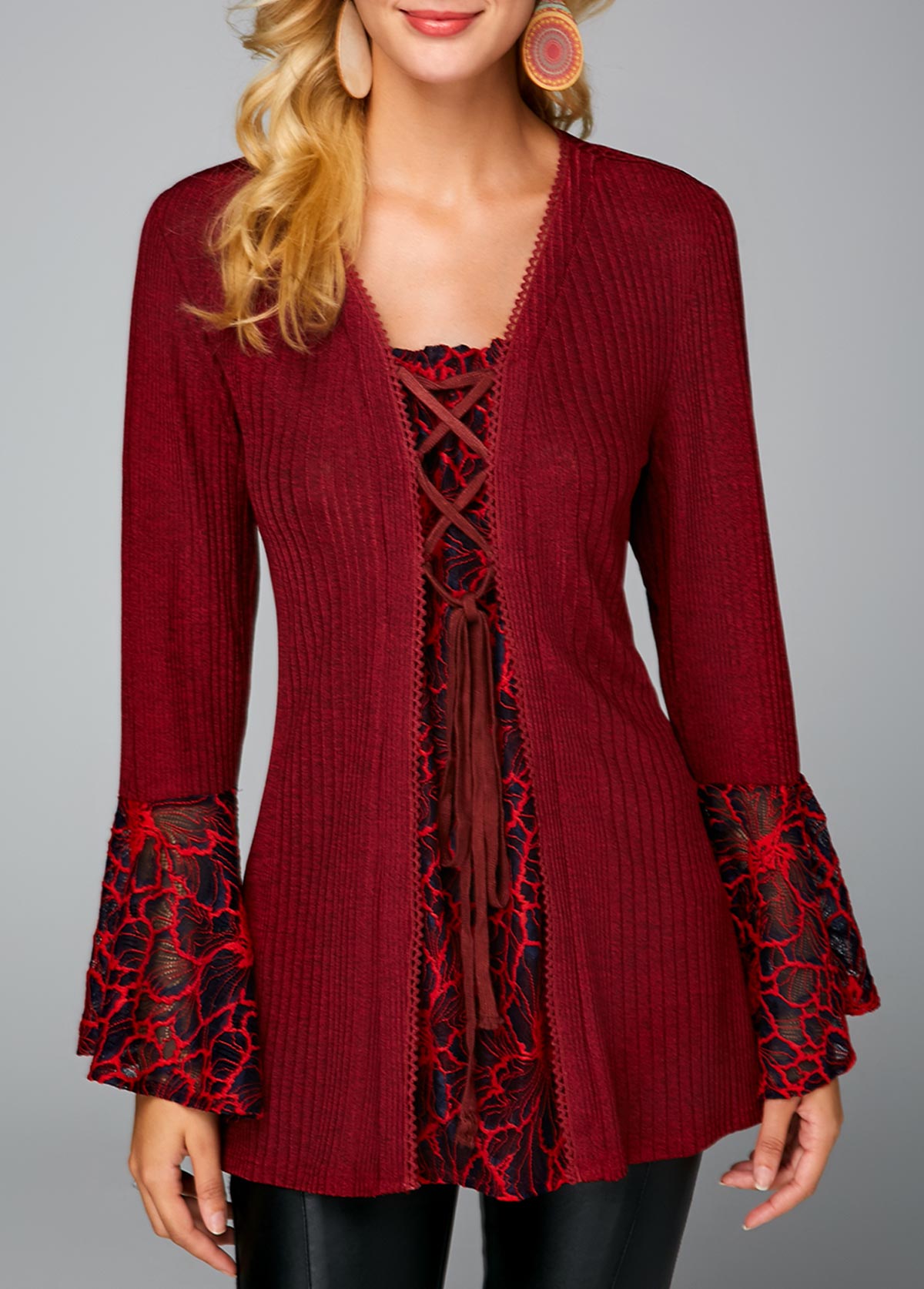 Picot Trim Lace Up Wine Red Sweater