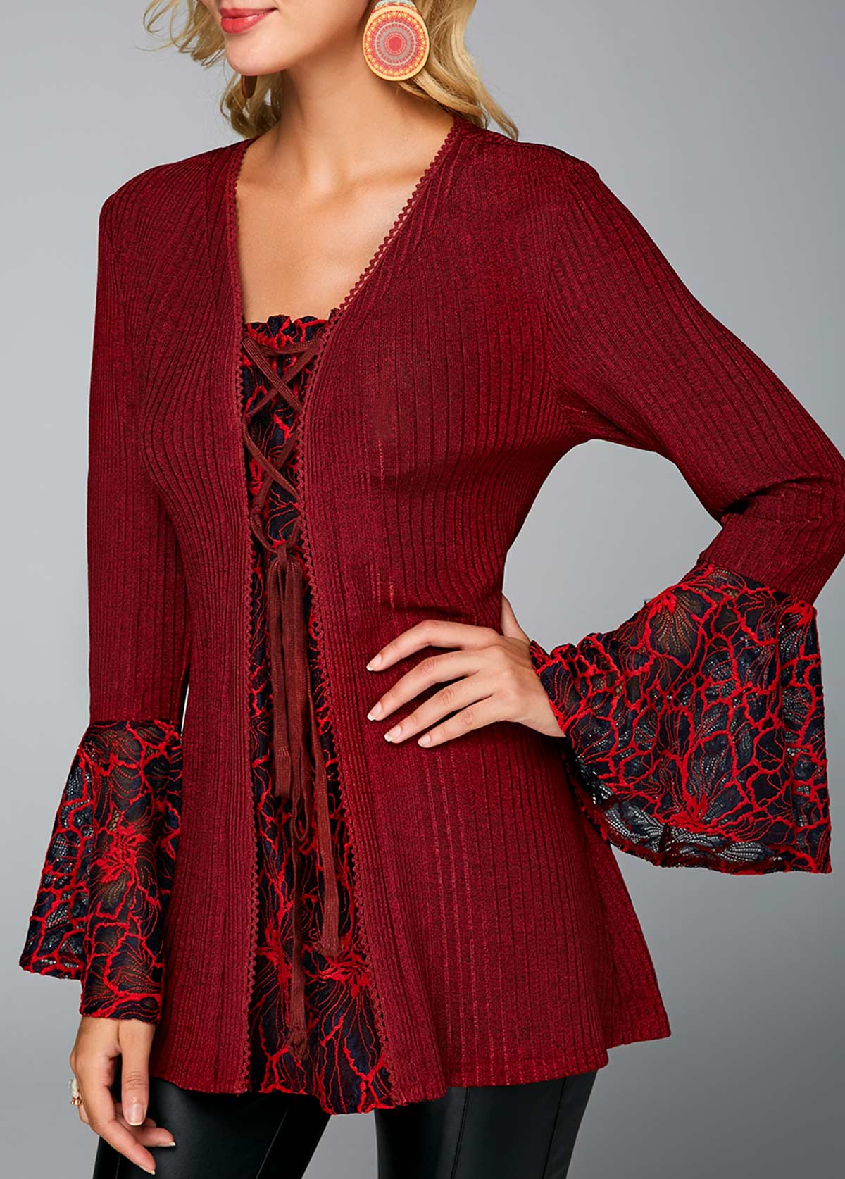 Picot Trim Lace Up Wine Red Sweater