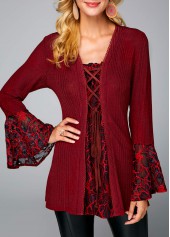 Picot Trim Lace Up Wine Red Sweater
