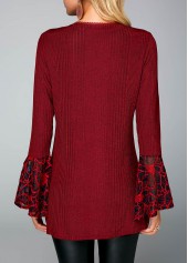 Picot Trim Lace Up Wine Red Sweater