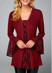 Picot Trim Lace Up Wine Red Sweater