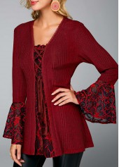 Picot Trim Lace Up Wine Red Sweater