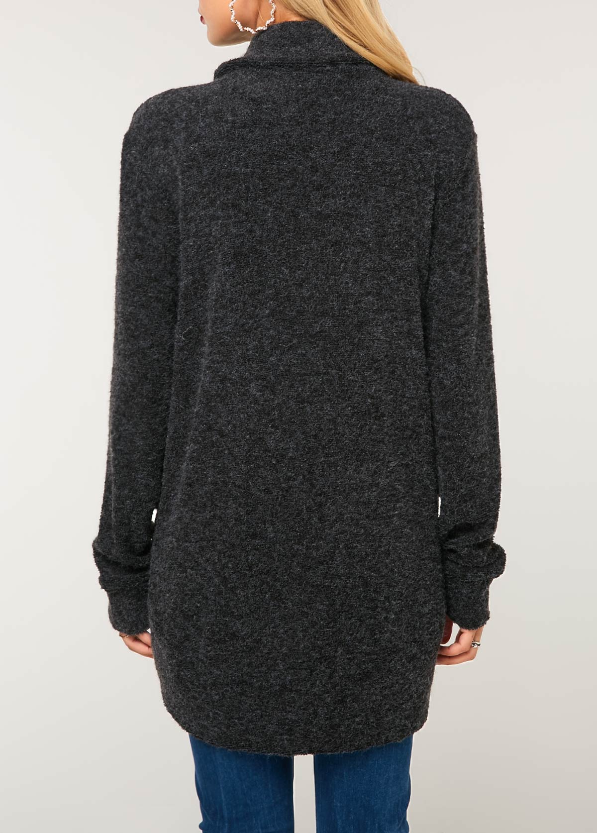 Long Sleeve Curved Hem Dark Grey Knitting Cardigan