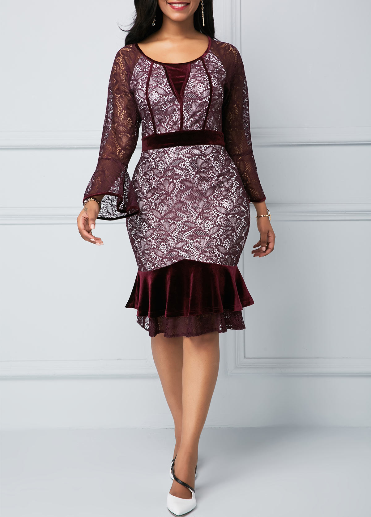 Frill Hem Flare Sleeve Round Neck Lace Dress
