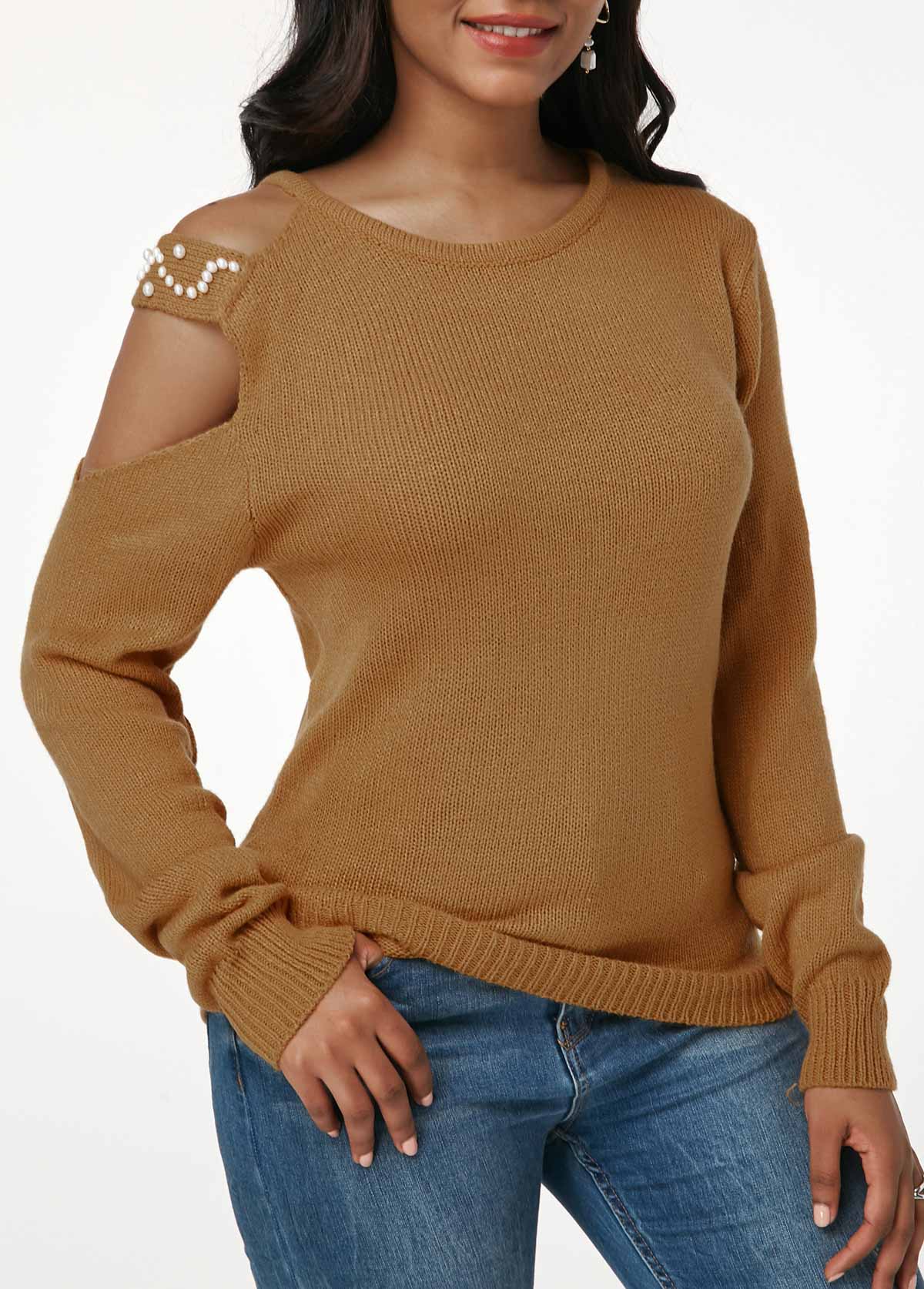 Ginger Faux Pearl Embellished Cutout Shoulder Knitting Sweater