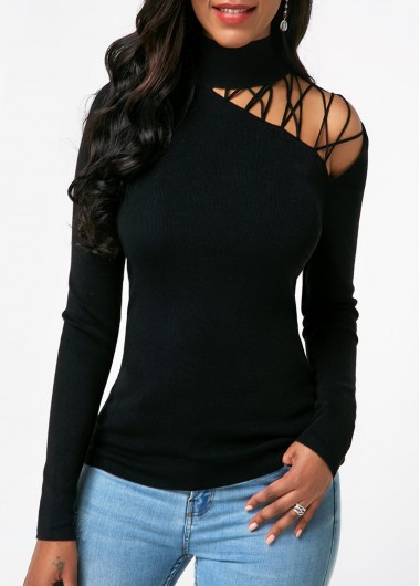 Rosewe Women Sweater Black Mock Neck Long Sleeve - L