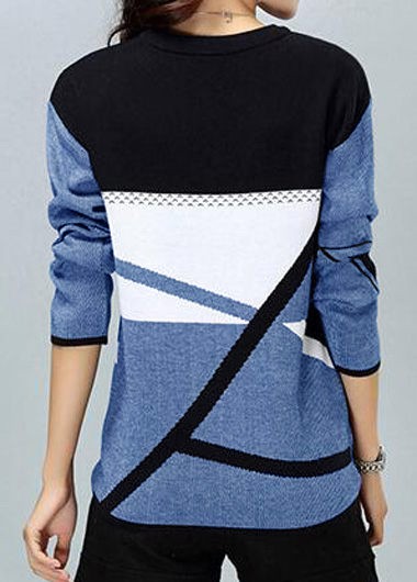 Long Sleeve Geometric Pattern Round Neck Blue Sweater Long Sleeve Geometric Pattern Round Neck Blue Sweater