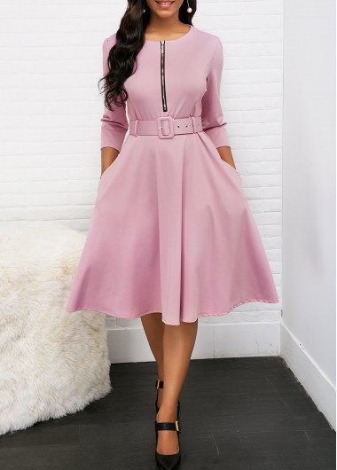 Zipper Front Belted Round Neck Pleated Dress