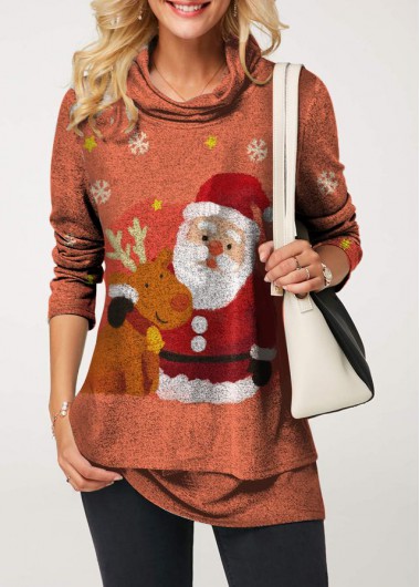 Santa Claus Print Long Sleeve Cowl Neck Blouse
