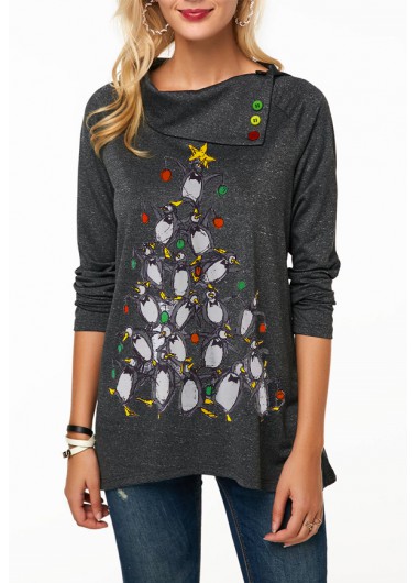 Penguin Print Long Sleeve Button Embellished Christmas T Shirt