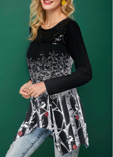Christmas Print Asymmetric Hem Black T Shirt Christmas Print Asymmetric Hem Black T Shirt