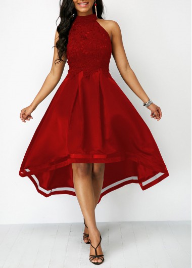 Lace Panel Wine Red Sleeveless High Low Dress