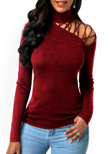 Rosewe Wine Red Strappy Shoulder Mock Neck Sweater - L