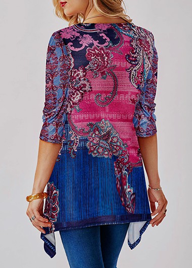 Printed Three Quarter Sleeve Asymmetric Hem Blouse