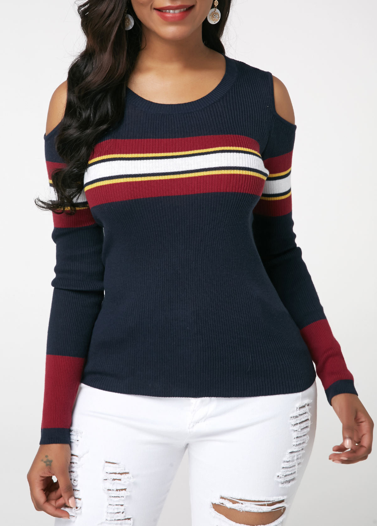 Long Sleeve Cold Shoulder Striped Sweater Long Sleeve Cold Shoulder Striped Sweater