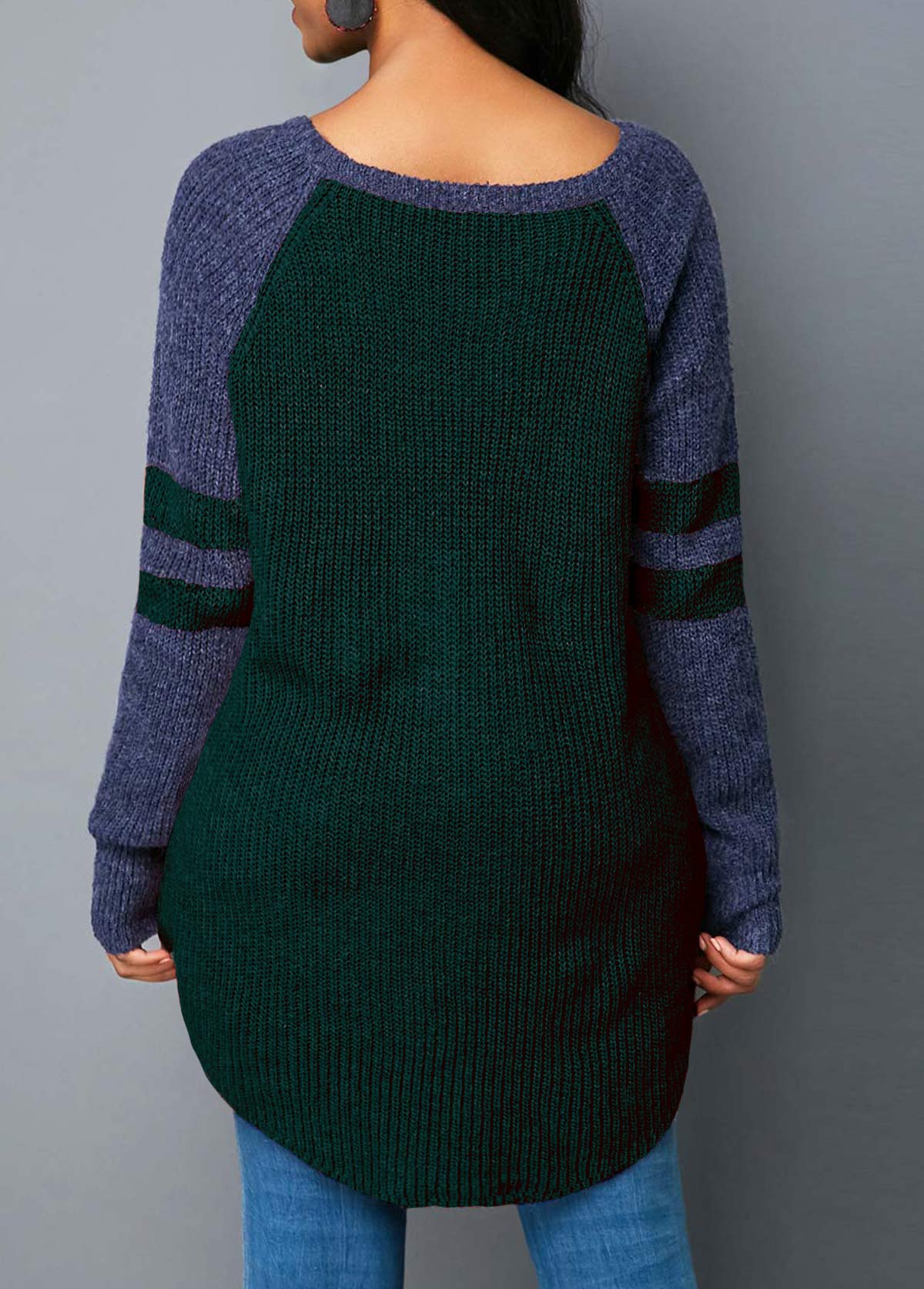 Dark Green Curved Hem Varsity Stripe Sweater 