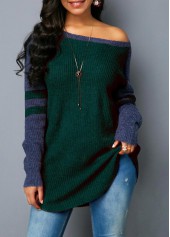 Dark Green Curved Hem Varsity Stripe Sweater 