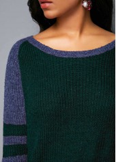 Dark Green Curved Hem Varsity Stripe Sweater 