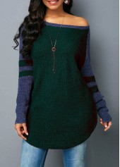 Dark Green Curved Hem Varsity Stripe Sweater 