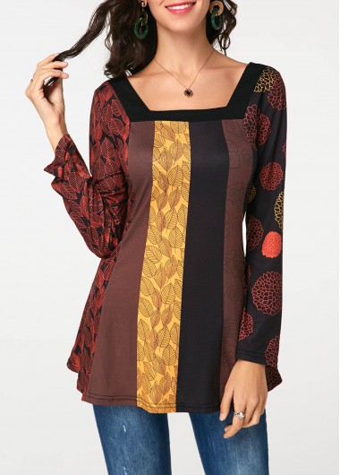 Long Sleeve Square Neck Printed T Shirt